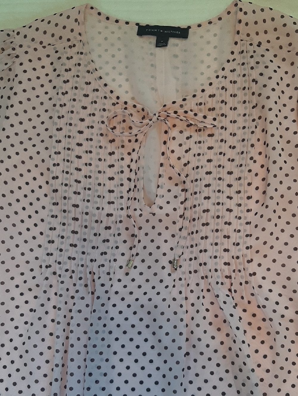 Tommy Hilfiger 1 XL Pink Brown Polka Dot Tie-Neck Top Sheer With Under Layer